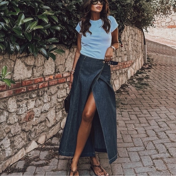 Zara Dresses & Skirts - Zara Y2K Denim Midi Skirt Wrap Belted Buckle Blue Linen Blend A-Line Medium